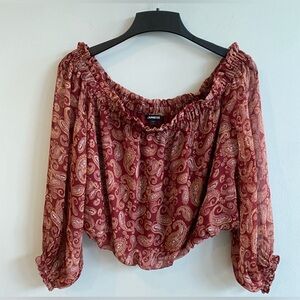 Express Off The Shoulder Paisley Crop Top Blouse Elastic Cuffs/Hem Size L NWT